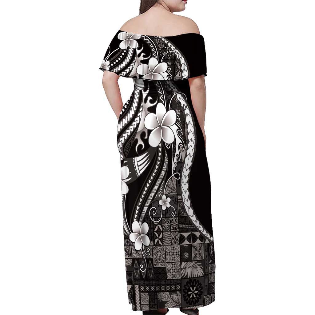Samoa Siapo Tribal Pattern Family Matching Off Shoulder Maxi Dress and Hawaiian Shirt Black Polynesian Plumeria Tapa Motif