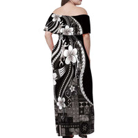 Samoa Siapo Tribal Pattern Family Matching Off Shoulder Maxi Dress and Hawaiian Shirt Black Polynesian Plumeria Tapa Motif