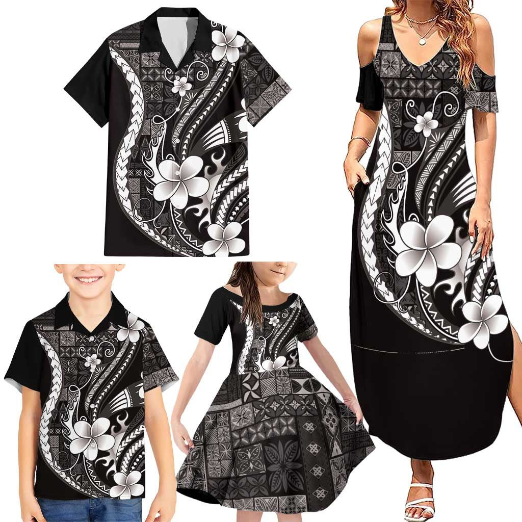 Samoa Siapo Tribal Pattern Family Matching Summer Maxi Dress and Hawaiian Shirt Black Polynesian Plumeria Tapa Motif