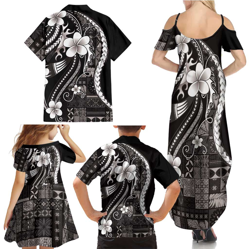Samoa Siapo Tribal Pattern Family Matching Summer Maxi Dress and Hawaiian Shirt Black Polynesian Plumeria Tapa Motif