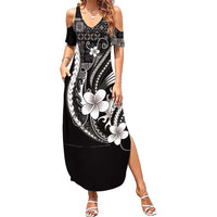 Samoa Siapo Tribal Pattern Family Matching Summer Maxi Dress and Hawaiian Shirt Black Polynesian Plumeria Tapa Motif