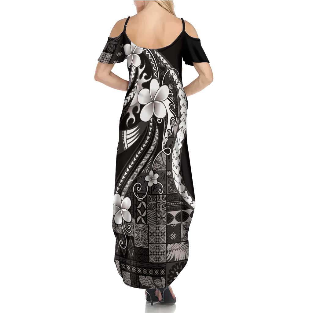 Samoa Siapo Tribal Pattern Family Matching Summer Maxi Dress and Hawaiian Shirt Black Polynesian Plumeria Tapa Motif