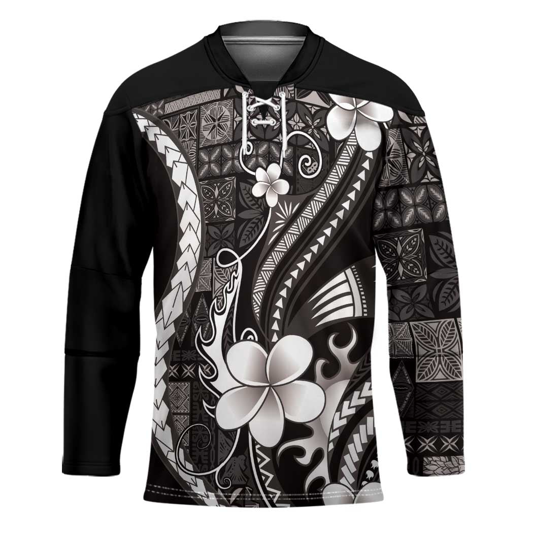 Samoa Siapo Tribal Pattern Hockey Jersey Black Polynesian Plumeria Tapa Motif