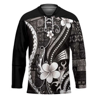 Samoa Siapo Tribal Pattern Hockey Jersey Black Polynesian Plumeria Tapa Motif