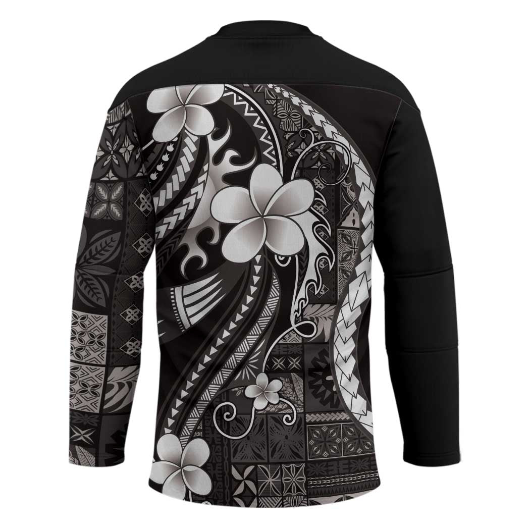 Samoa Siapo Tribal Pattern Hockey Jersey Black Polynesian Plumeria Tapa Motif