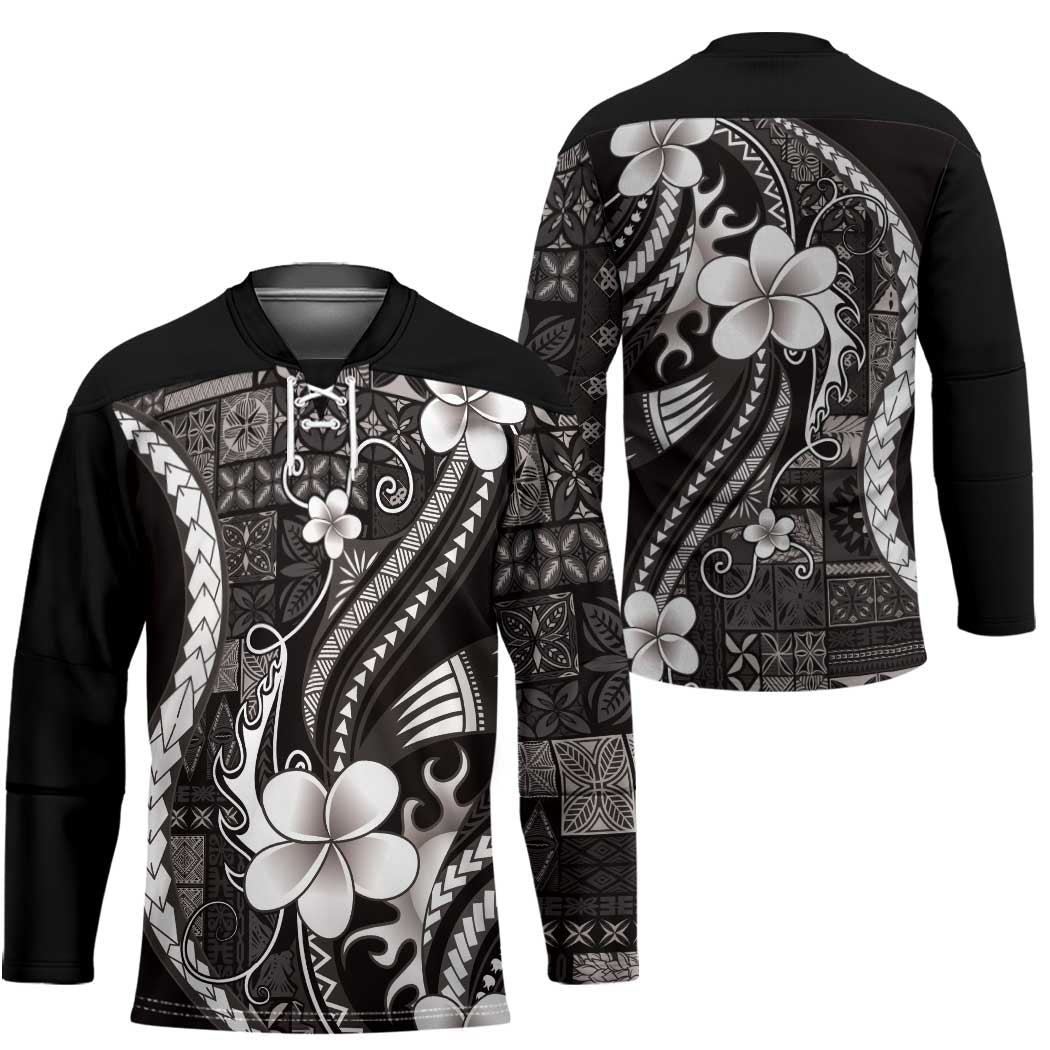 Samoa Siapo Tribal Pattern Hockey Jersey Black Polynesian Plumeria Tapa Motif