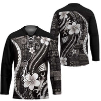 Samoa Siapo Tribal Pattern Hockey Jersey Black Polynesian Plumeria Tapa Motif
