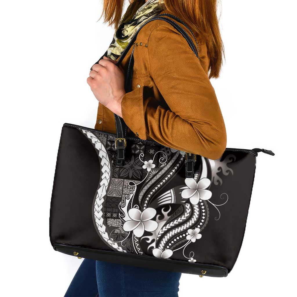 Samoa Siapo Tribal Pattern Leather Tote Bag Black Polynesian Plumeria Tapa Motif