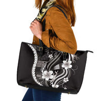 Samoa Siapo Tribal Pattern Leather Tote Bag Black Polynesian Plumeria Tapa Motif