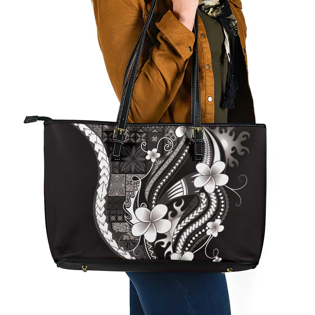Samoa Siapo Tribal Pattern Leather Tote Bag Black Polynesian Plumeria Tapa Motif