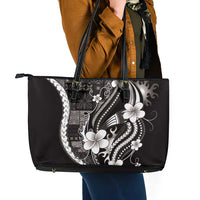 Samoa Siapo Tribal Pattern Leather Tote Bag Black Polynesian Plumeria Tapa Motif