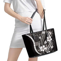 Samoa Siapo Tribal Pattern Leather Tote Bag Black Polynesian Plumeria Tapa Motif
