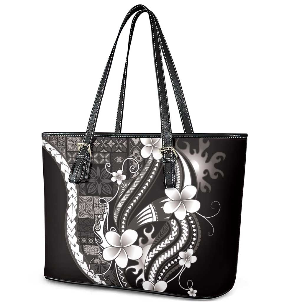 Samoa Siapo Tribal Pattern Leather Tote Bag Black Polynesian Plumeria Tapa Motif