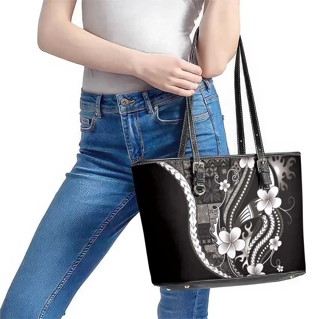 Samoa Siapo Tribal Pattern Leather Tote Bag Black Polynesian Plumeria Tapa Motif