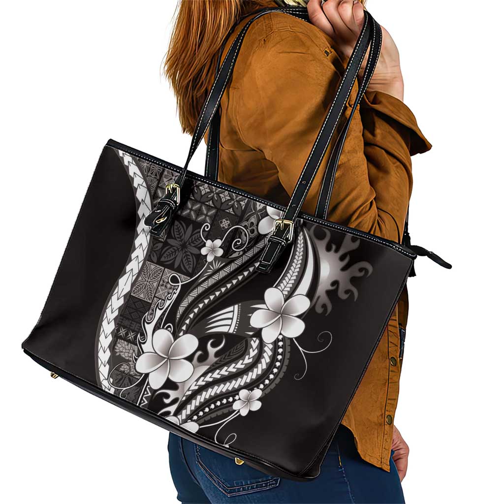 Samoa Siapo Tribal Pattern Leather Tote Bag Black Polynesian Plumeria Tapa Motif