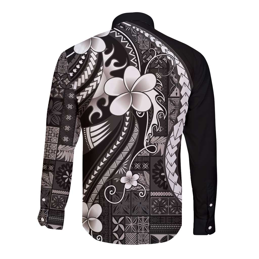 Samoa Siapo Tribal Pattern Long Sleeve Button Shirt Black Polynesian Plumeria Tapa Motif LT9 - Polynesian Pride