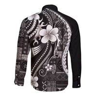 Samoa Siapo Tribal Pattern Long Sleeve Button Shirt Black Polynesian Plumeria Tapa Motif LT9 - Polynesian Pride