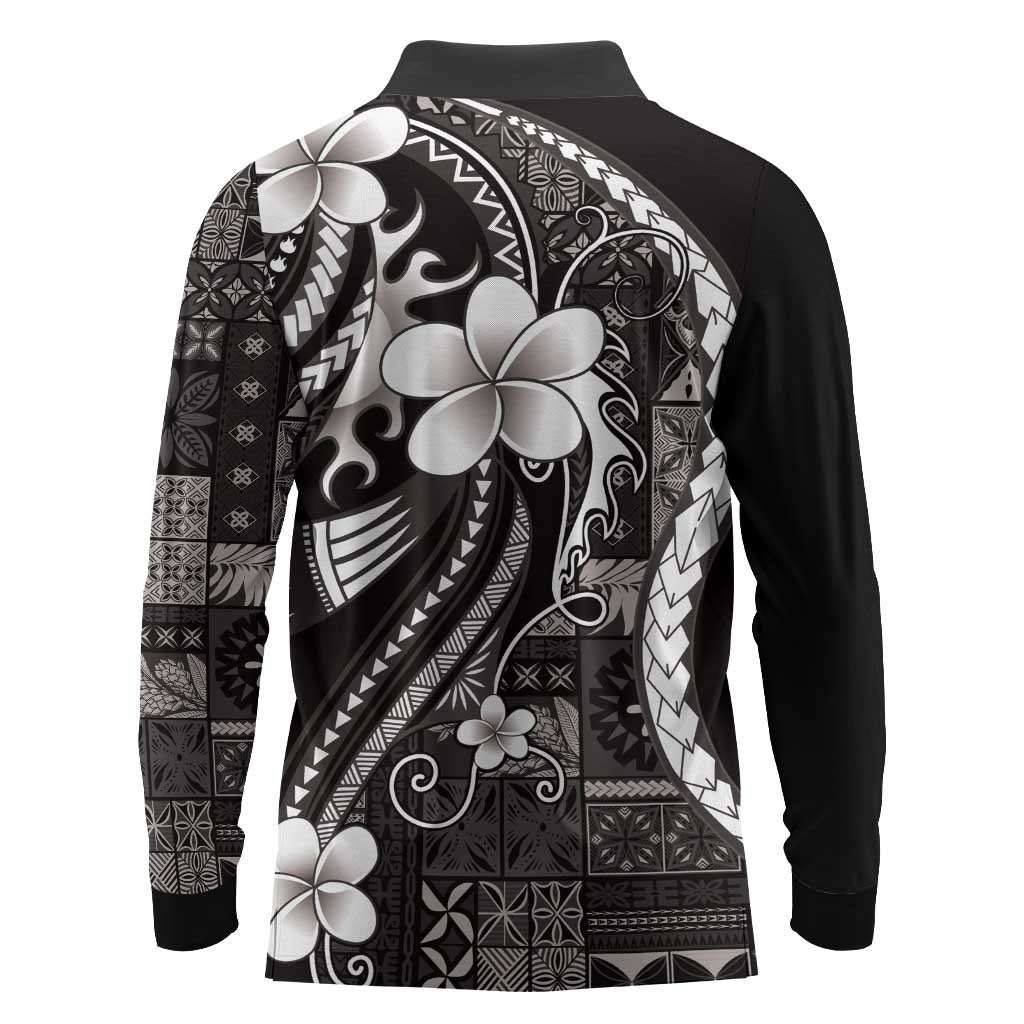 Samoa Siapo Tribal Pattern Long Sleeve Polo Shirt Black Polynesian Plumeria Tapa Motif LT9 - Polynesian Pride