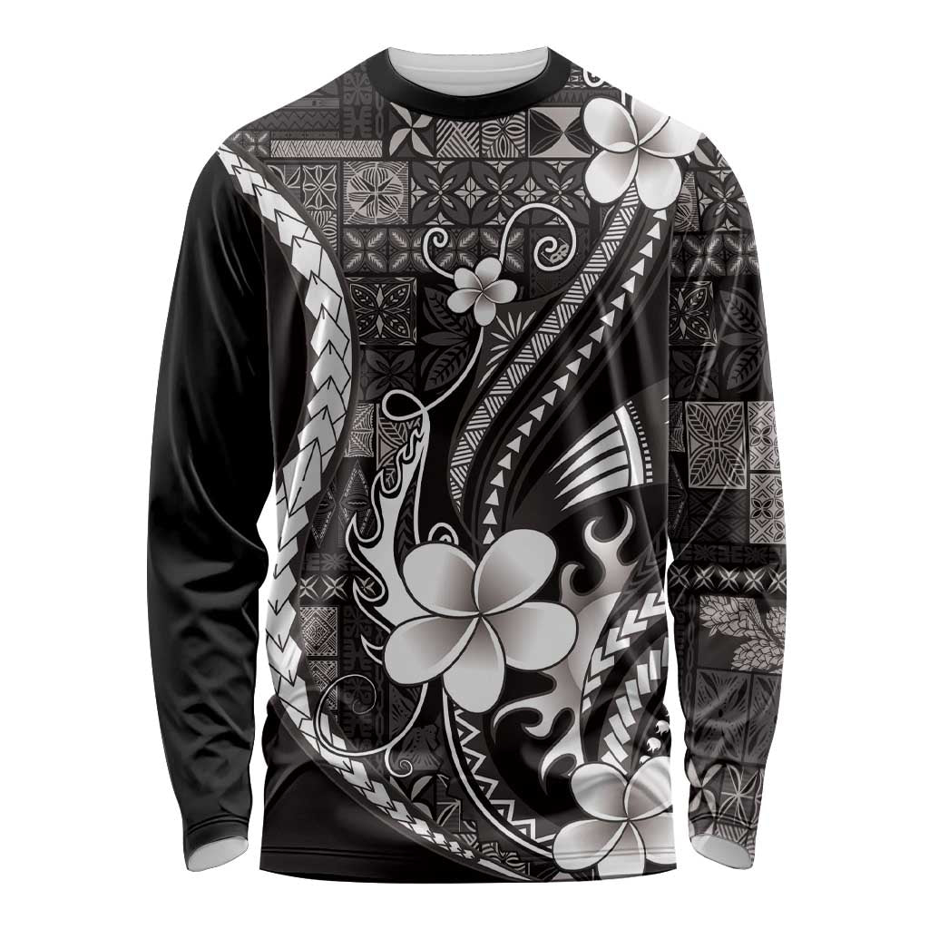 Samoa Siapo Tribal Pattern Long Sleeve Shirt Black Polynesian Plumeria Tapa Motif LT9 Unisex Black - Polynesian Pride