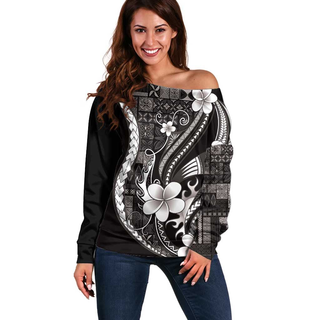 Samoa Siapo Tribal Pattern Off Shoulder Sweater Black Polynesian Plumeria Tapa Motif LT9 Women Black - Polynesian Pride
