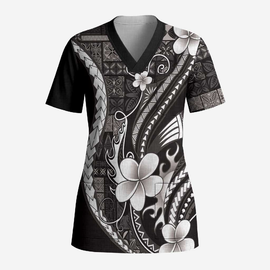 Samoa Siapo Tribal Pattern Scrub Top Black Polynesian Plumeria Tapa Motif