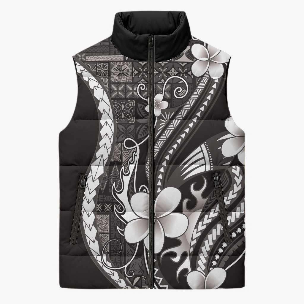 Samoa Siapo Tribal Pattern Sleeveless Puffer Jacket Black Polynesian Plumeria Tapa Motif LT9 Unisex Black - Polynesian Pride