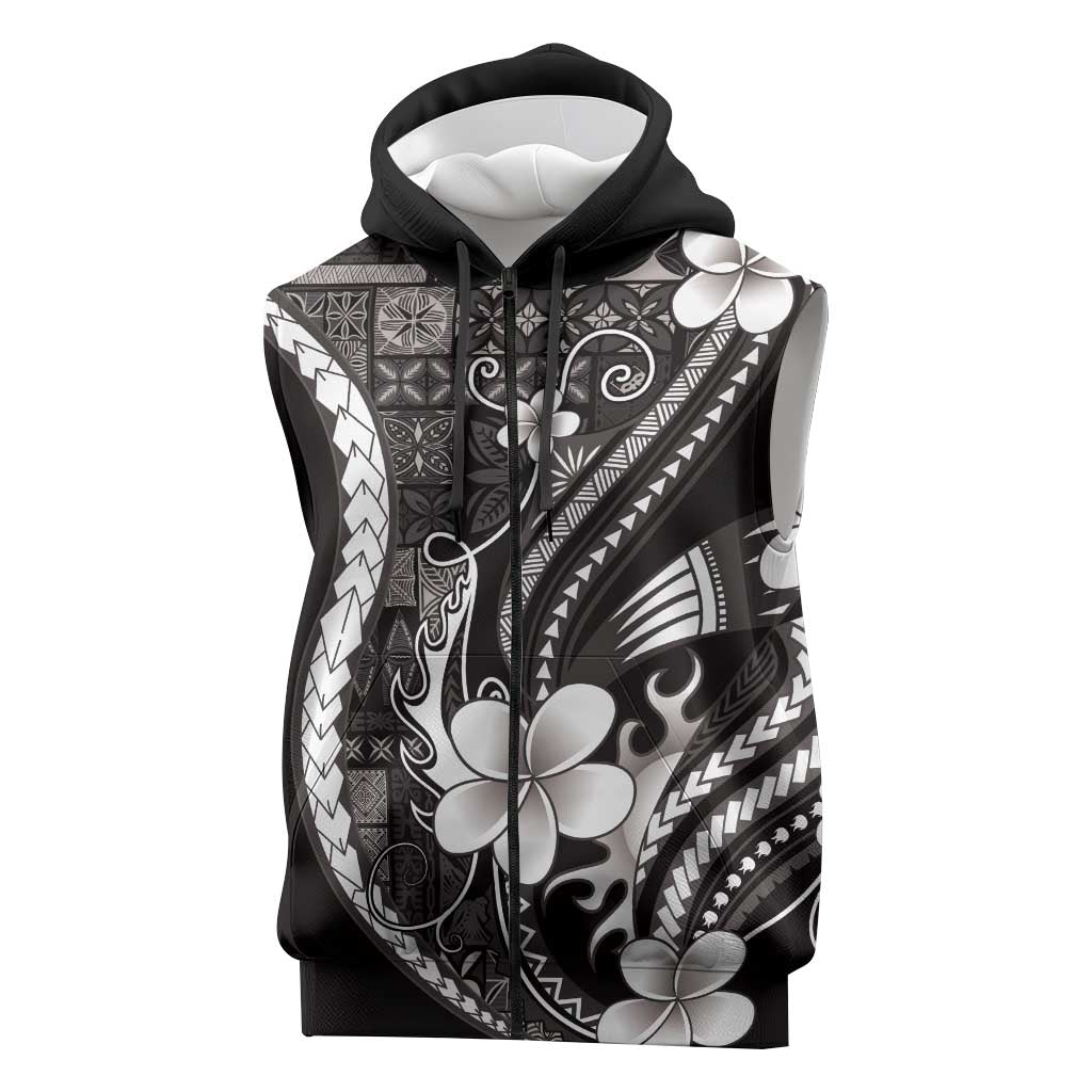 Samoa Siapo Tribal Pattern Sleeveless Zip Hoodie Black Polynesian Plumeria Tapa Motif LT9 Black - Polynesian Pride