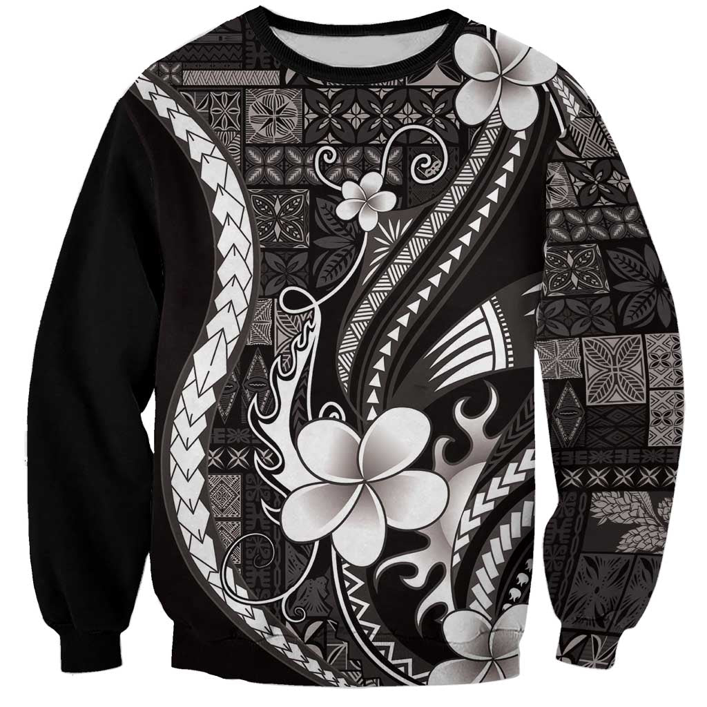 Samoa Siapo Tribal Pattern Sweatshirt Black Polynesian Plumeria Tapa Motif LT9 Unisex Black - Polynesian Pride