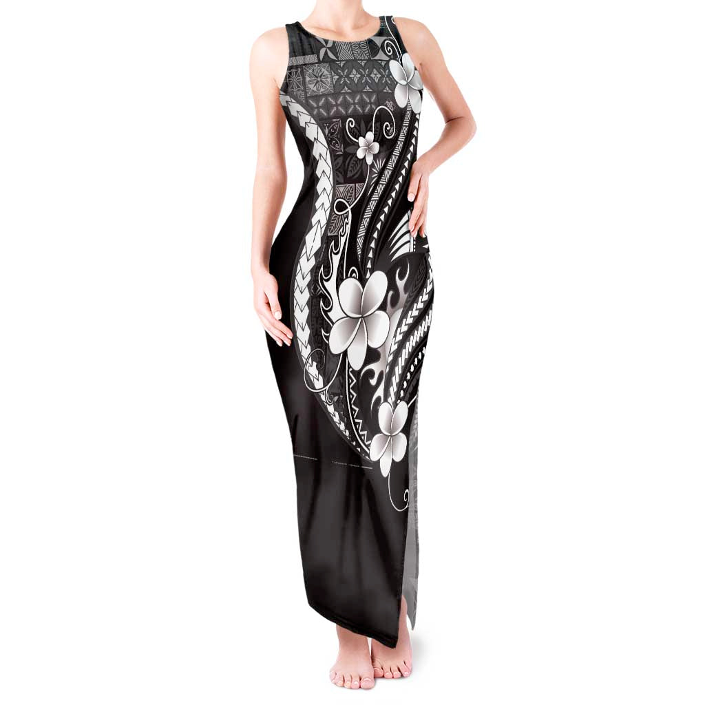Samoa Siapo Tribal Pattern Tank Maxi Dress Black Polynesian Plumeria Tapa Motif