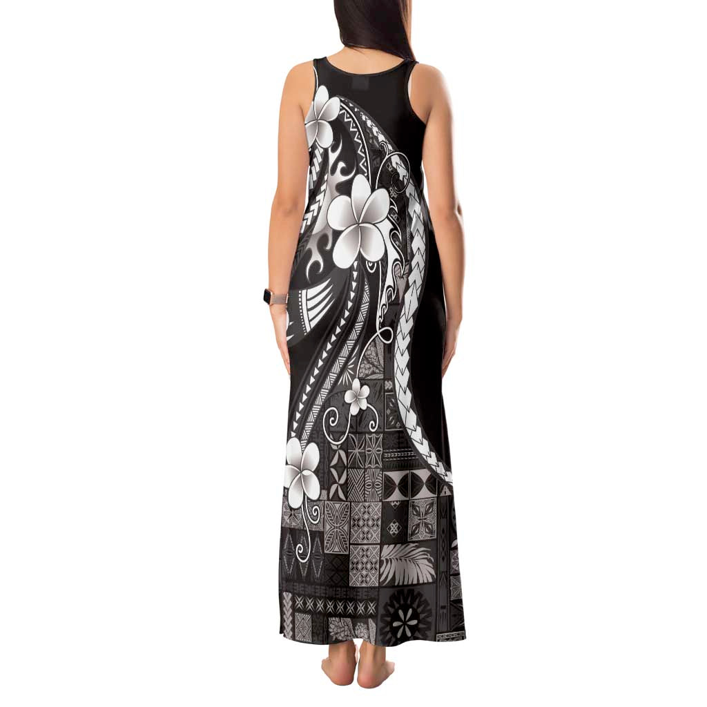 Samoa Siapo Tribal Pattern Tank Maxi Dress Black Polynesian Plumeria Tapa Motif