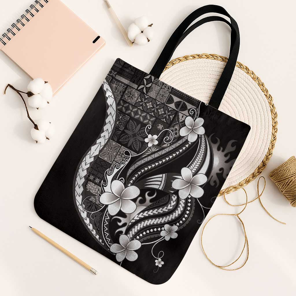 Samoa Siapo Tribal Pattern Tote Bag Black Polynesian Plumeria Tapa Motif LT9 Black Strap One Size Black - Polynesian Pride