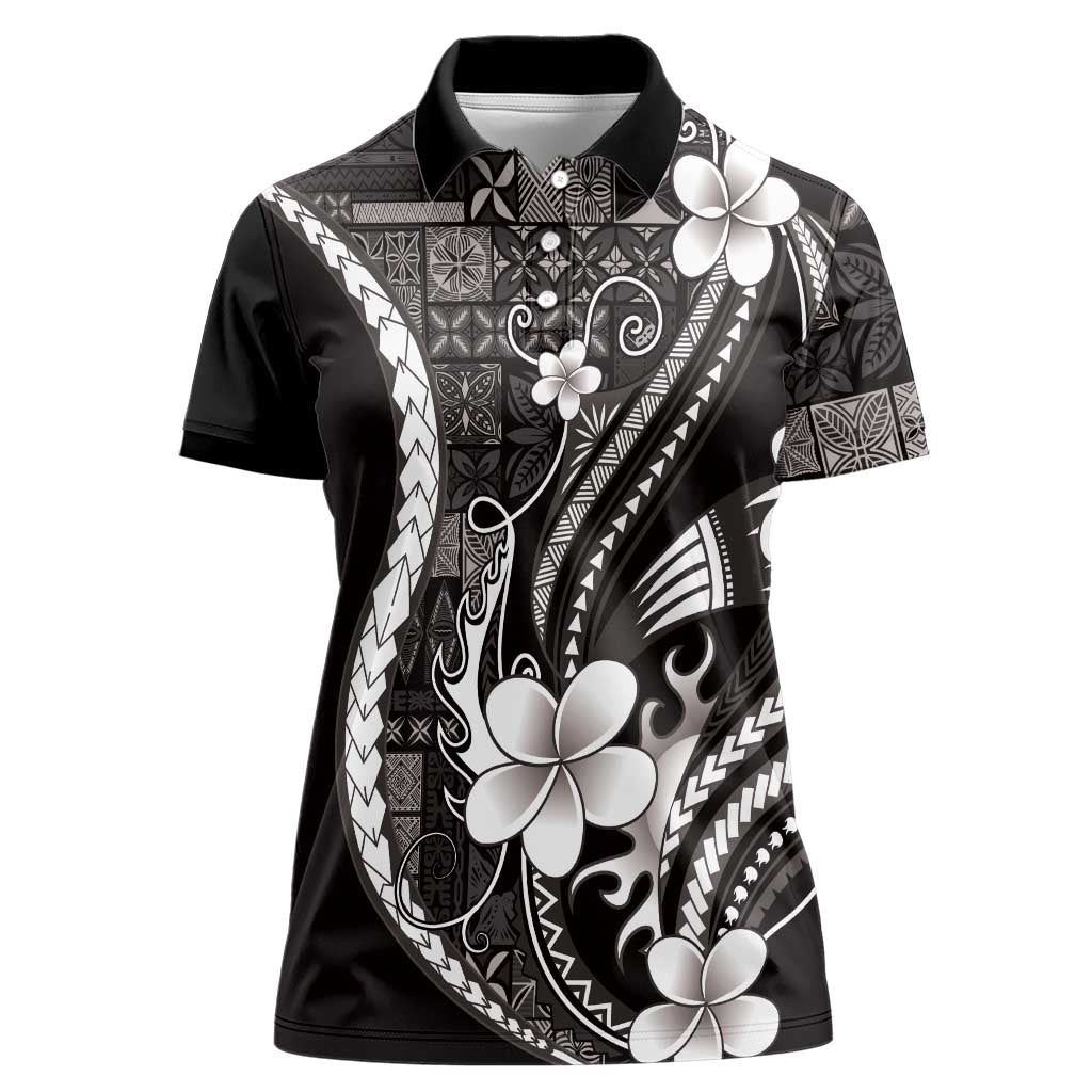 Samoa Siapo Tribal Pattern Women Polo Shirt Black Polynesian Plumeria Tapa Motif