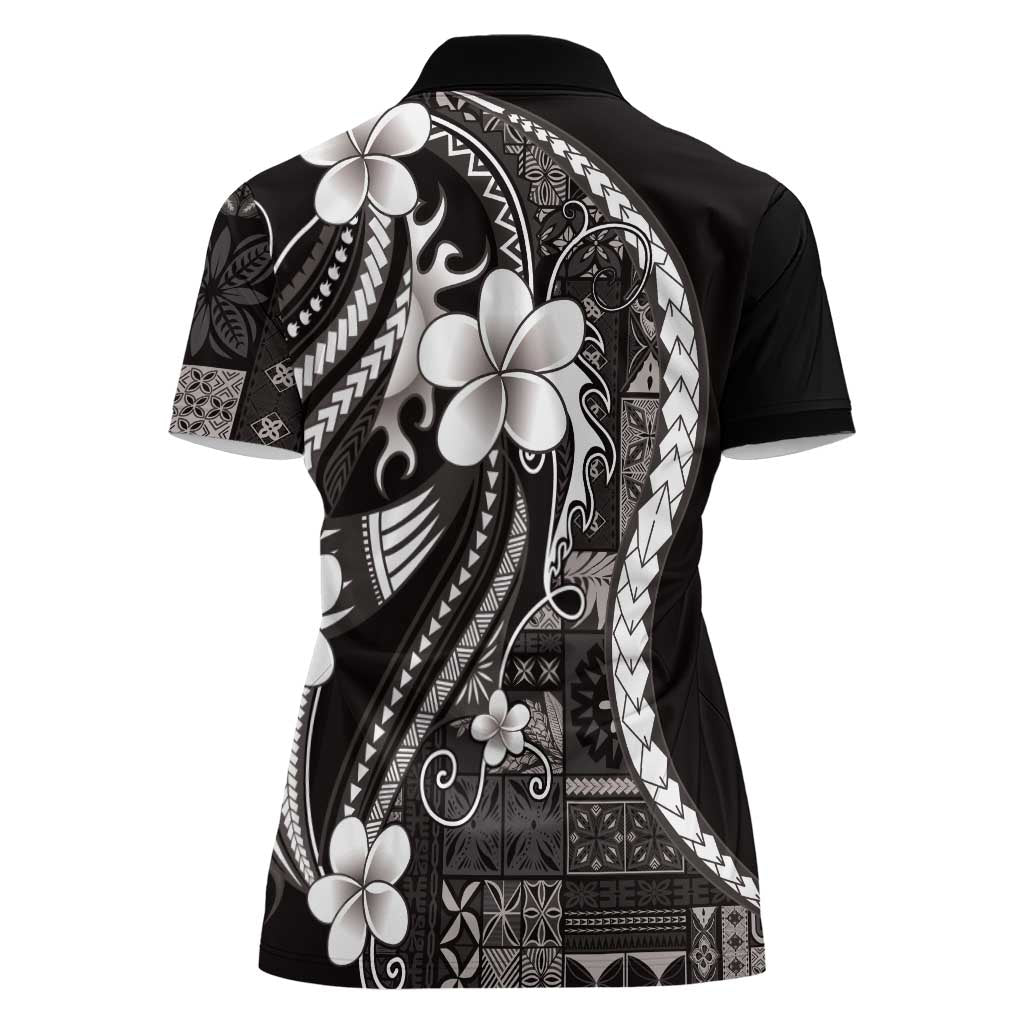 Samoa Siapo Tribal Pattern Women Polo Shirt Black Polynesian Plumeria Tapa Motif
