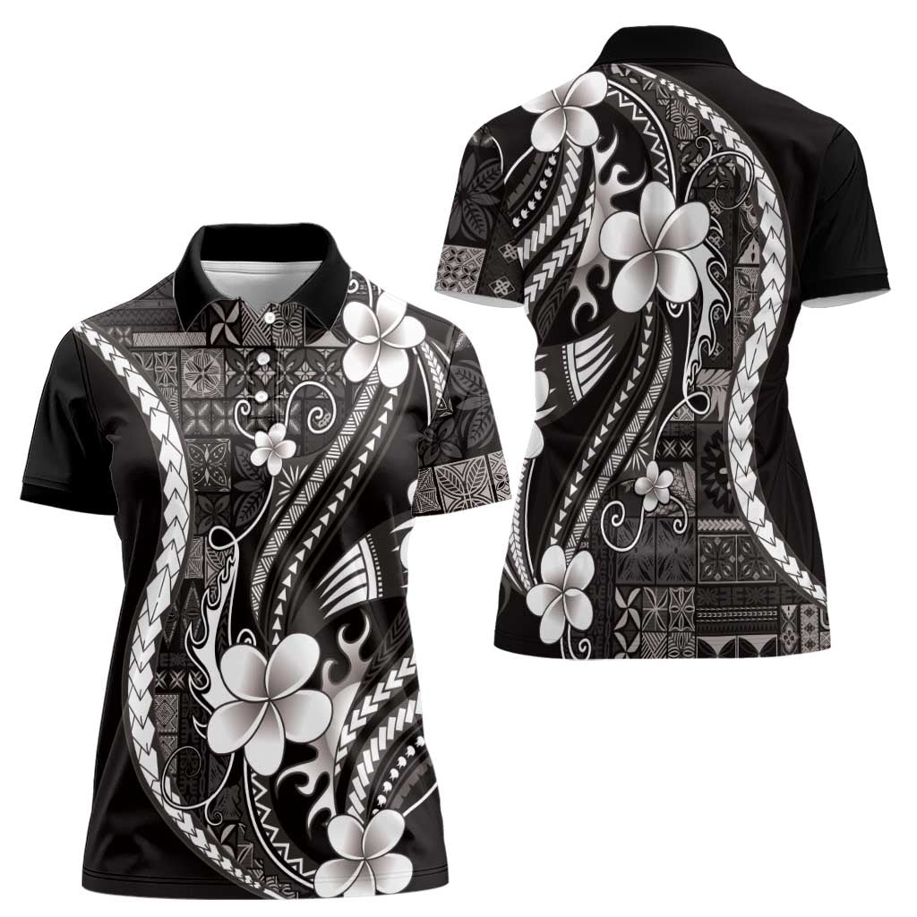 Samoa Siapo Tribal Pattern Women Polo Shirt Black Polynesian Plumeria Tapa Motif