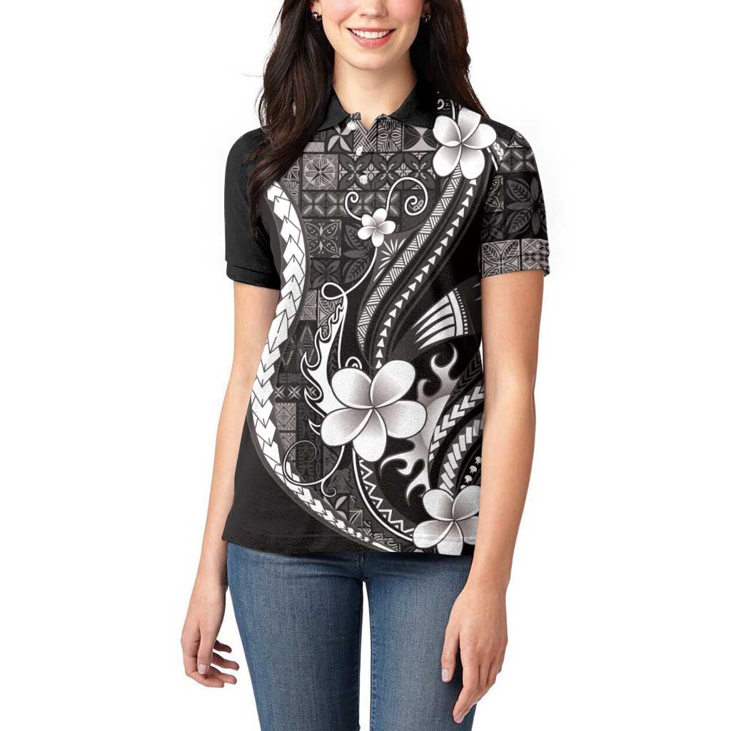 Samoa Siapo Tribal Pattern Women Polo Shirt Black Polynesian Plumeria Tapa Motif