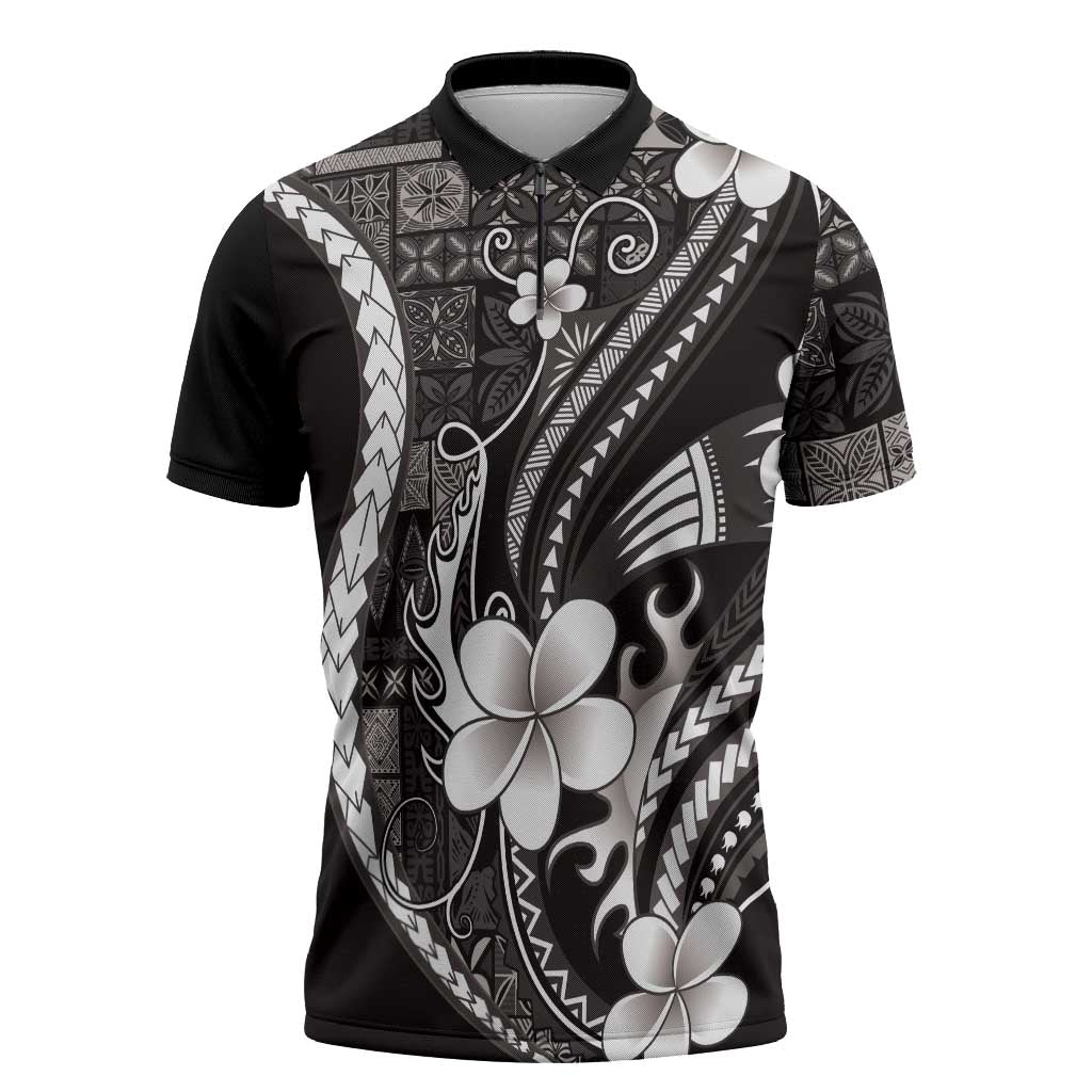 Samoa Siapo Tribal Pattern Zipper Polo Shirt Black Polynesian Plumeria Tapa Motif LT9 Black - Polynesian Pride