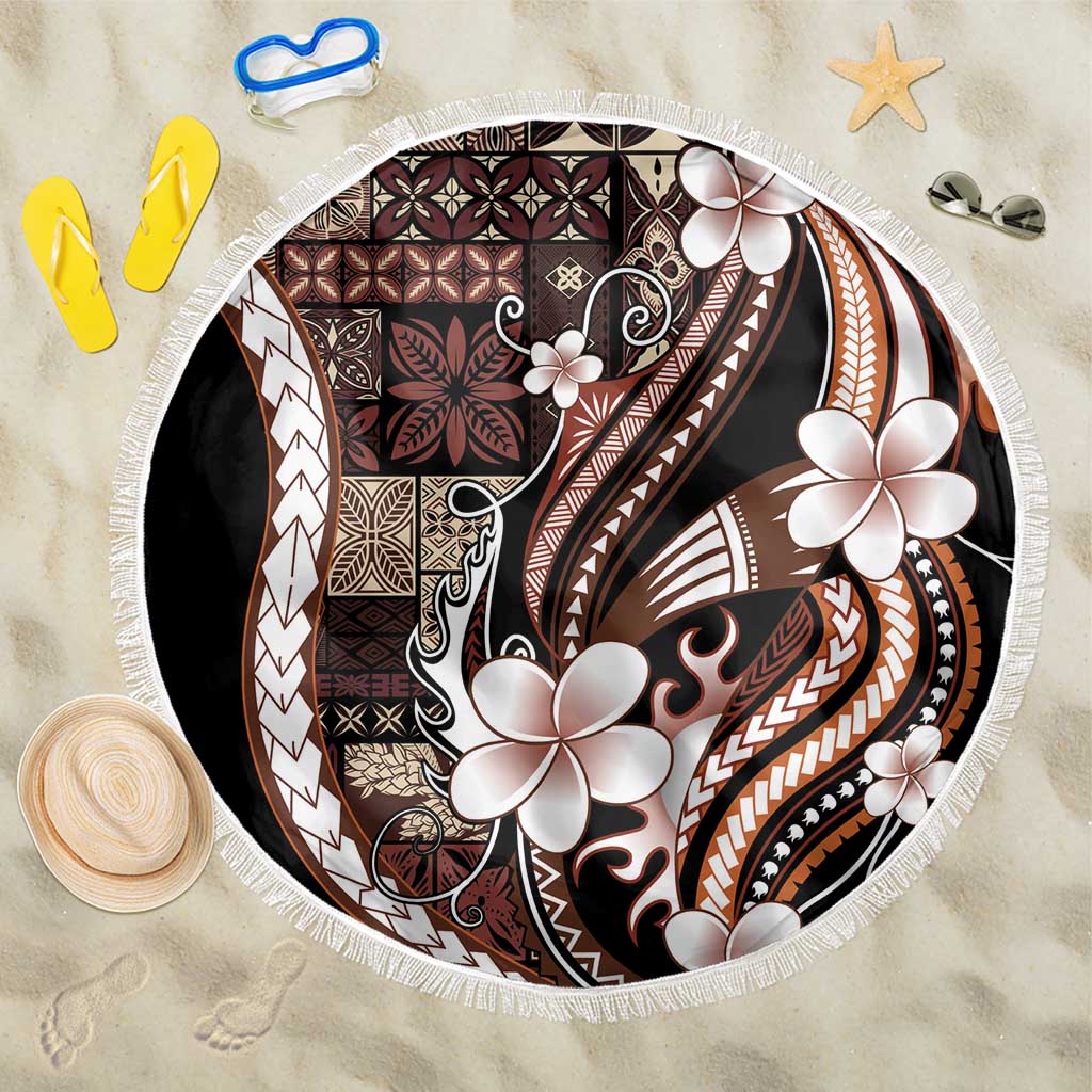 Samoa Siapo Tribal Pattern Beach Blanket Brown Polynesian Plumeria Tapa Motif
