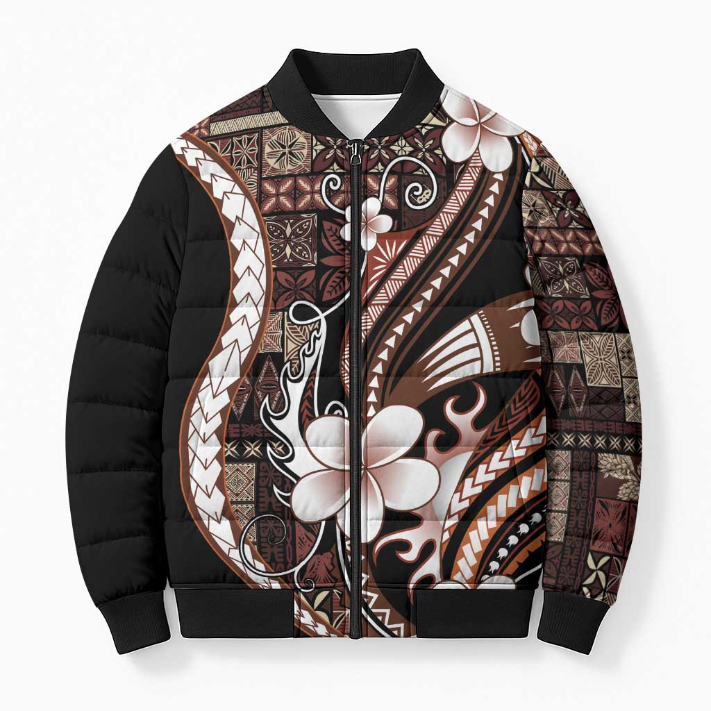 Samoa Siapo Tribal Pattern Bomber Puffer Jacket Brown Polynesian Plumeria Tapa Motif LT9 Unisex Brown - Polynesian Pride