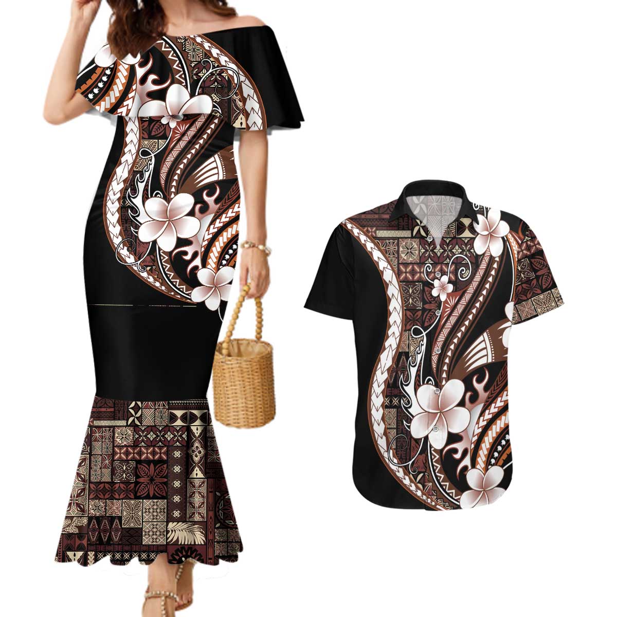 Samoa Siapo Tribal Pattern Couples Matching Mermaid Dress and Hawaiian Shirt Brown Polynesian Plumeria Tapa Motif LT9 Brown - Polynesian Pride