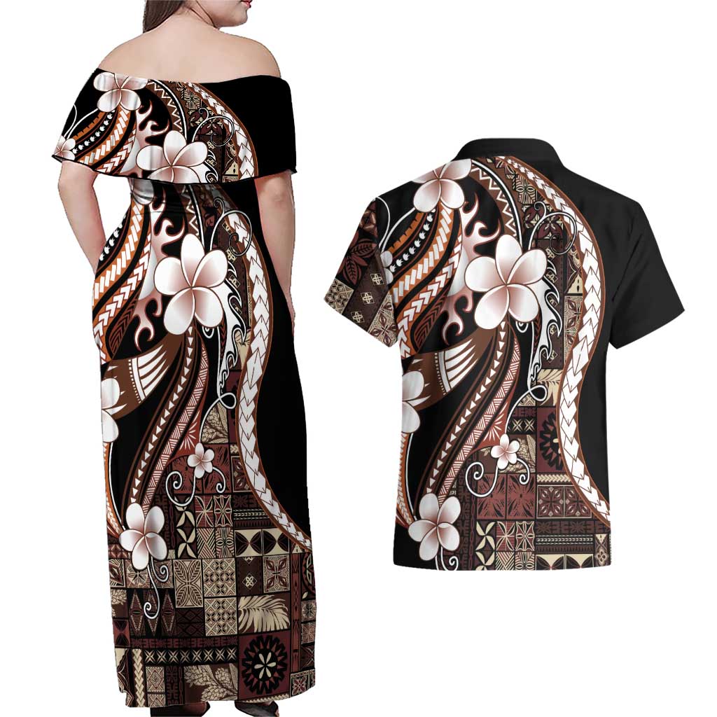 Samoa Siapo Tribal Pattern Couples Matching Off Shoulder Maxi Dress and Hawaiian Shirt Brown Polynesian Plumeria Tapa Motif