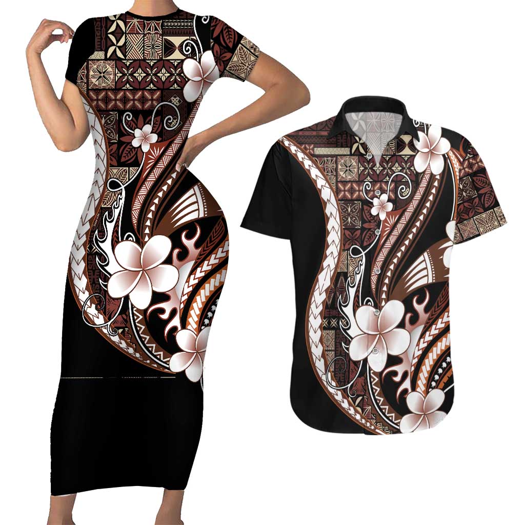 Samoa Siapo Tribal Pattern Couples Matching Short Sleeve Bodycon Dress and Hawaiian Shirt Brown Polynesian Plumeria Tapa Motif LT9 Brown - Polynesian Pride