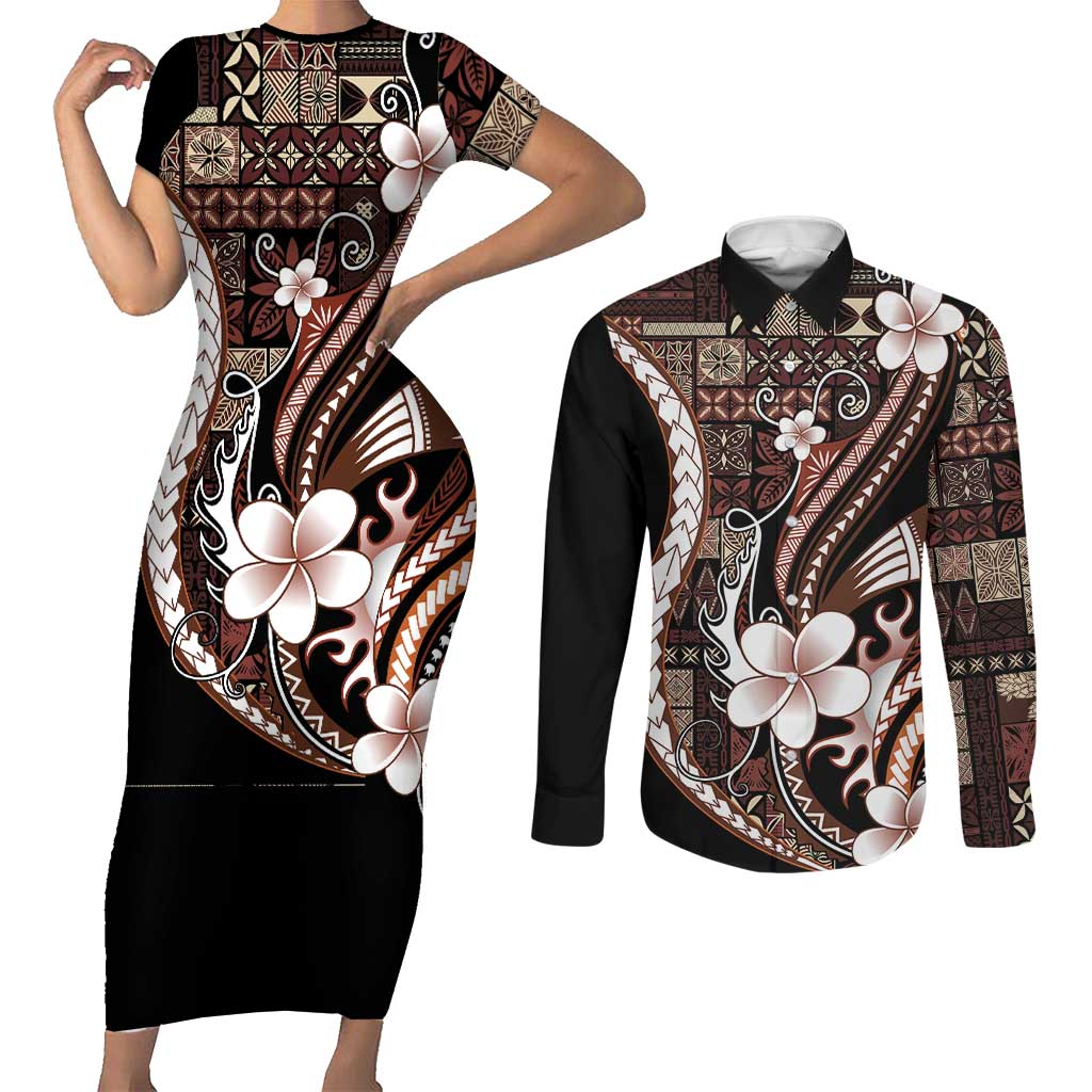 Samoa Siapo Tribal Pattern Couples Matching Short Sleeve Bodycon Dress and Long Sleeve Button Shirt Brown Polynesian Plumeria Tapa Motif LT9 Brown - Polynesian Pride