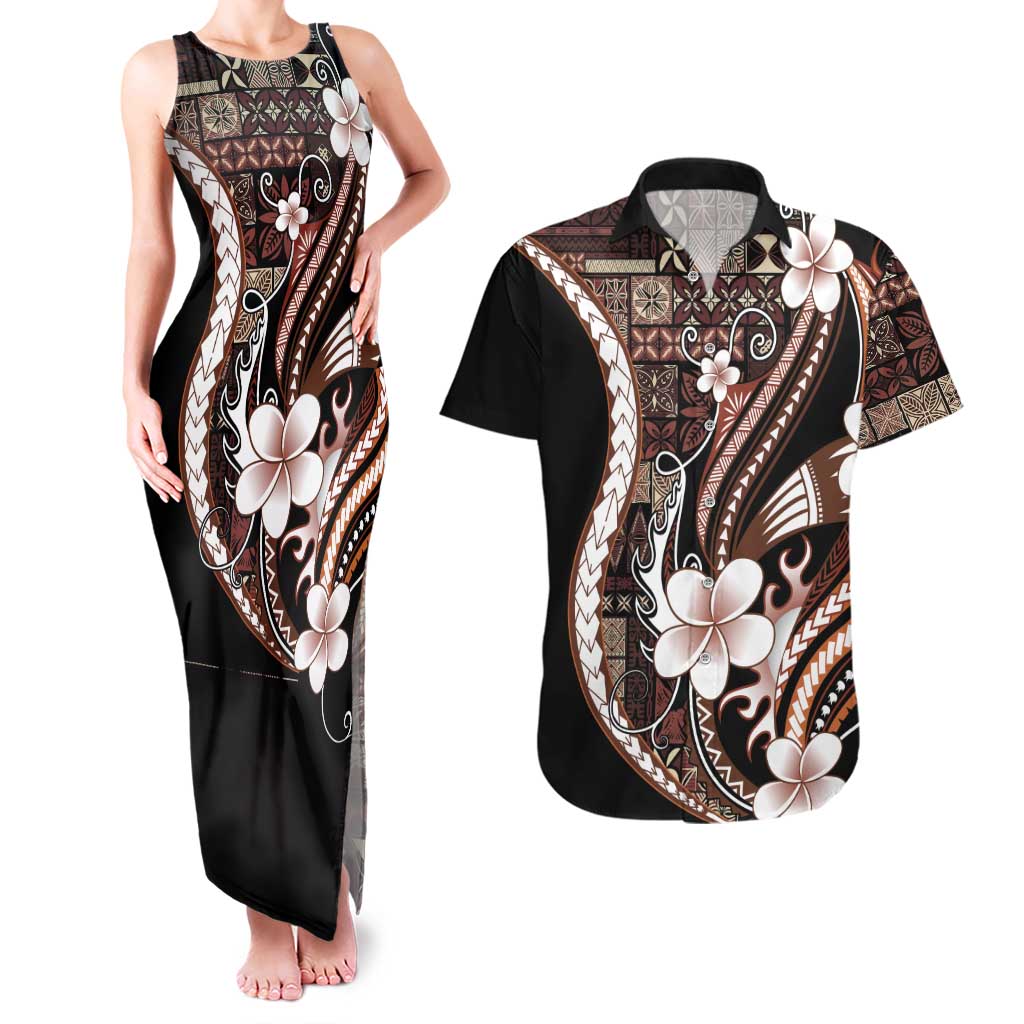 Samoa Siapo Tribal Pattern Couples Matching Tank Maxi Dress and Hawaiian Shirt Brown Polynesian Plumeria Tapa Motif LT9 Brown - Polynesian Pride