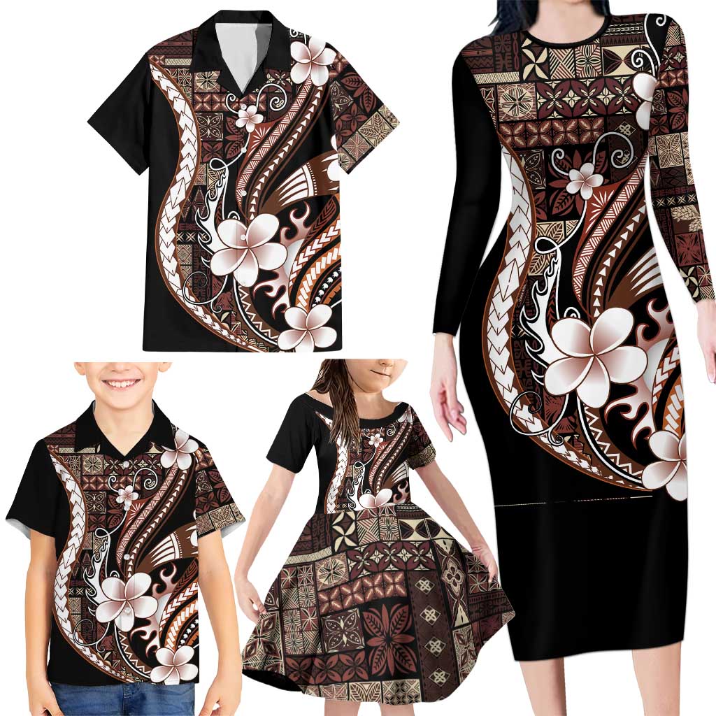 Samoa Siapo Tribal Pattern Family Matching Long Sleeve Bodycon Dress and Hawaiian Shirt Brown Polynesian Plumeria Tapa Motif LT9 - Polynesian Pride
