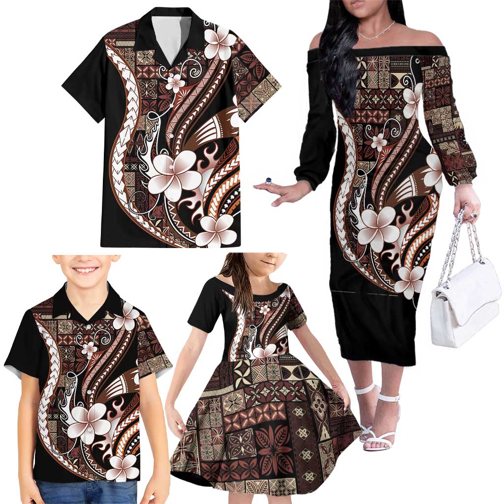 Samoa Siapo Tribal Pattern Family Matching Off The Shoulder Long Sleeve Dress and Hawaiian Shirt Brown Polynesian Plumeria Tapa Motif LT9 - Polynesian Pride