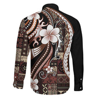 Samoa Siapo Tribal Pattern Family Matching Off The Shoulder Long Sleeve Dress and Hawaiian Shirt Brown Polynesian Plumeria Tapa Motif LT9 - Polynesian Pride