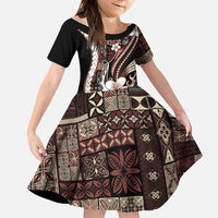 Samoa Siapo Tribal Pattern Family Matching Off Shoulder Maxi Dress and Hawaiian Shirt Brown Polynesian Plumeria Tapa Motif LT9 Daughter's Dress Brown - Polynesian Pride