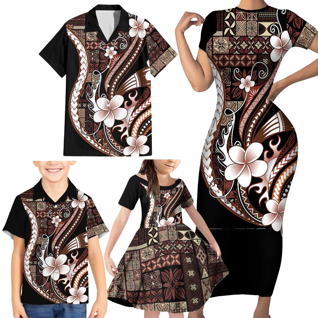 Samoa Siapo Tribal Pattern Family Matching Short Sleeve Bodycon Dress and Hawaiian Shirt Brown Polynesian Plumeria Tapa Motif LT9 - Polynesian Pride
