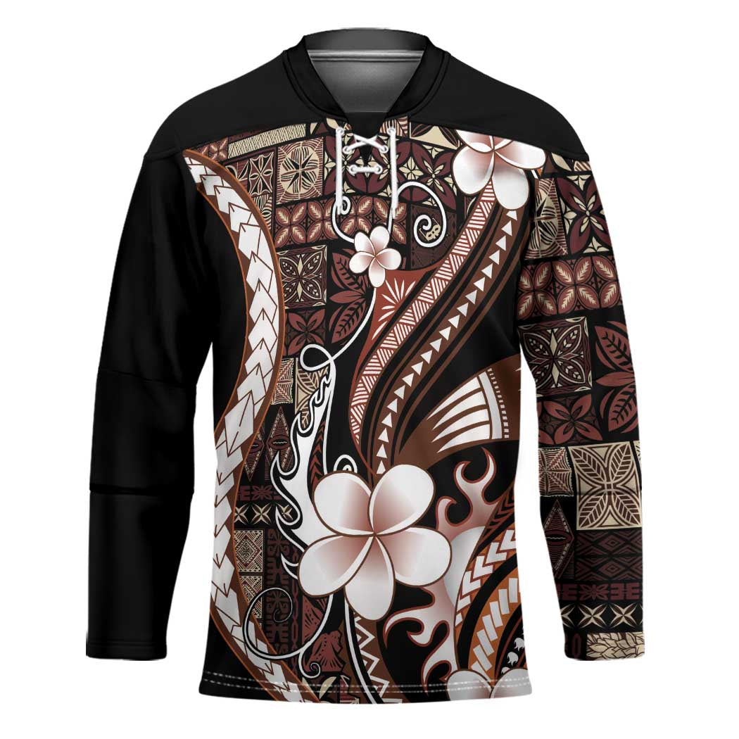 Samoa Siapo Tribal Pattern Hockey Jersey Brown Polynesian Plumeria Tapa Motif