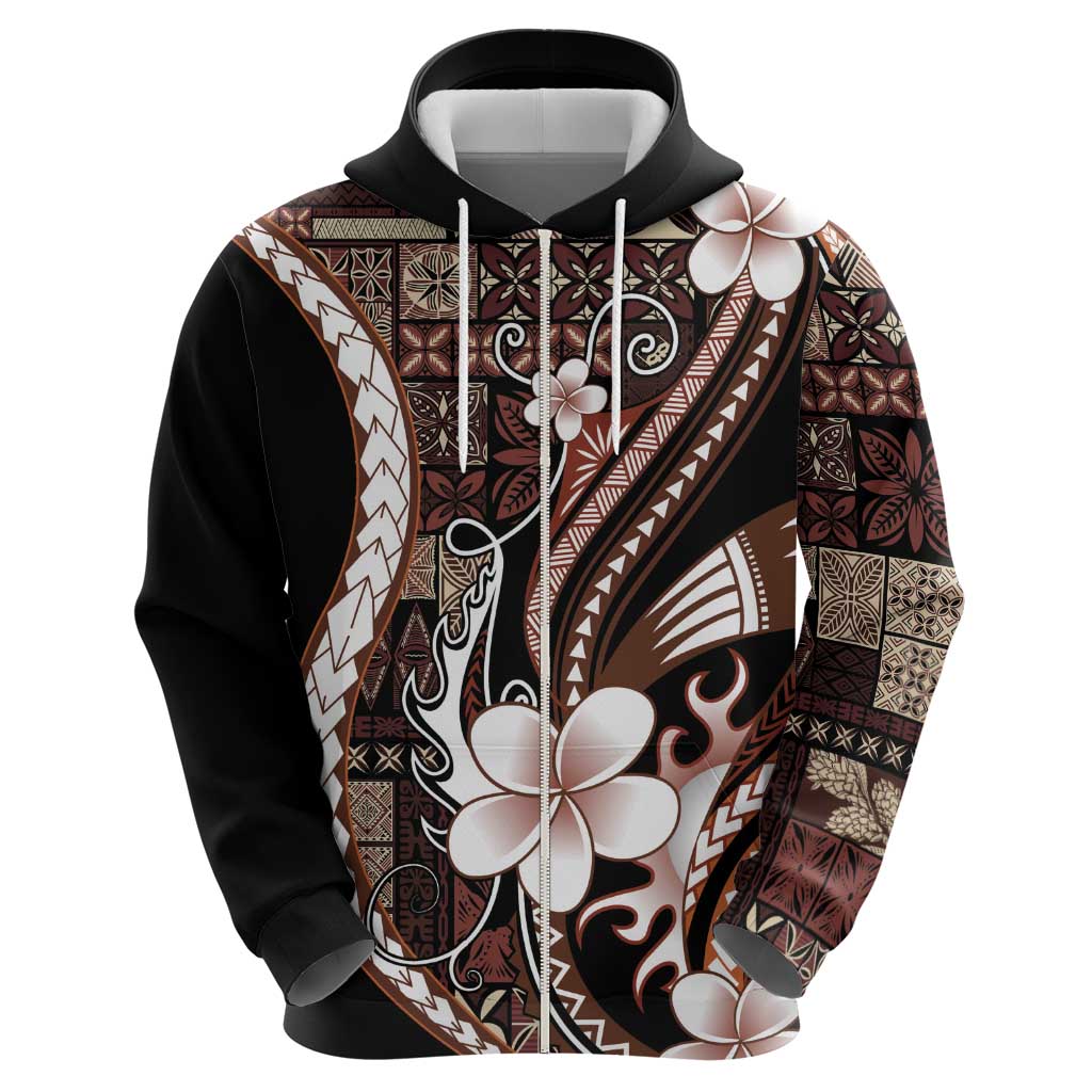Samoa Siapo Tribal Pattern Hoodie Brown Polynesian Plumeria Tapa Motif